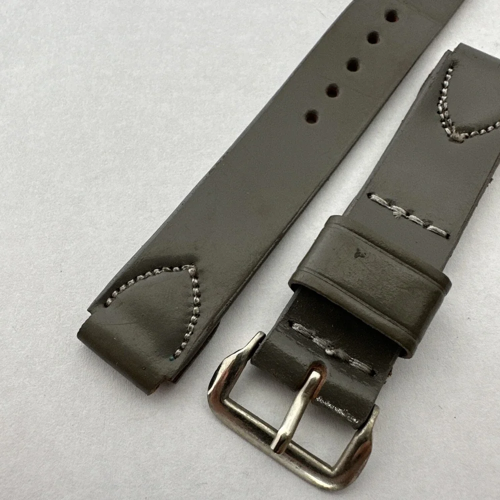 Genuine Shell Cordovan Leather Watch Strap Olive Green 2-Piece Band Silver Buckl